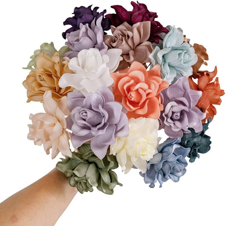 5pcs Artificial Gardenia Flowers EVA Fake Flower Heads with Stems for DIY Wedding Bouquets Party Home Centerpieces Decor (White)