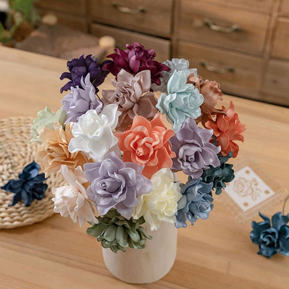 5pcs Artificial Gardenia Flowers EVA Fake Flower Heads with Stems for DIY Wedding Bouquets Party Home Centerpieces Decor (White)