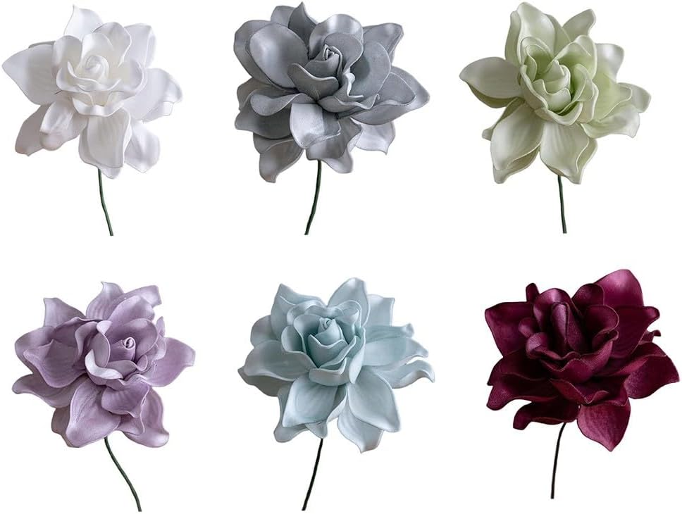 5pcs Artificial Gardenia Flowers EVA Fake Flower Heads with Stems for DIY Wedding Bouquets Party Home Centerpieces Decor (White)