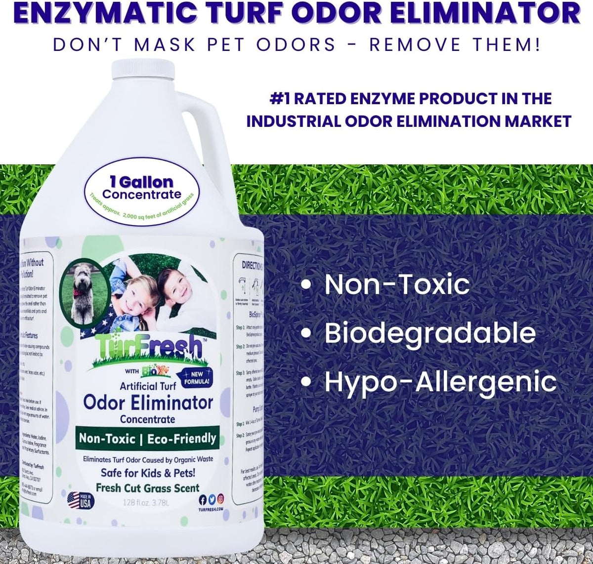 BioX Artificial Turf Odor Eliminator – Yard Deodorizer for Dog Urine & Feces – Natural Concentrate Outdoor Cleaner – Safe for Kids & Pets – 1 Gallon Fresh Cut Grass Scent