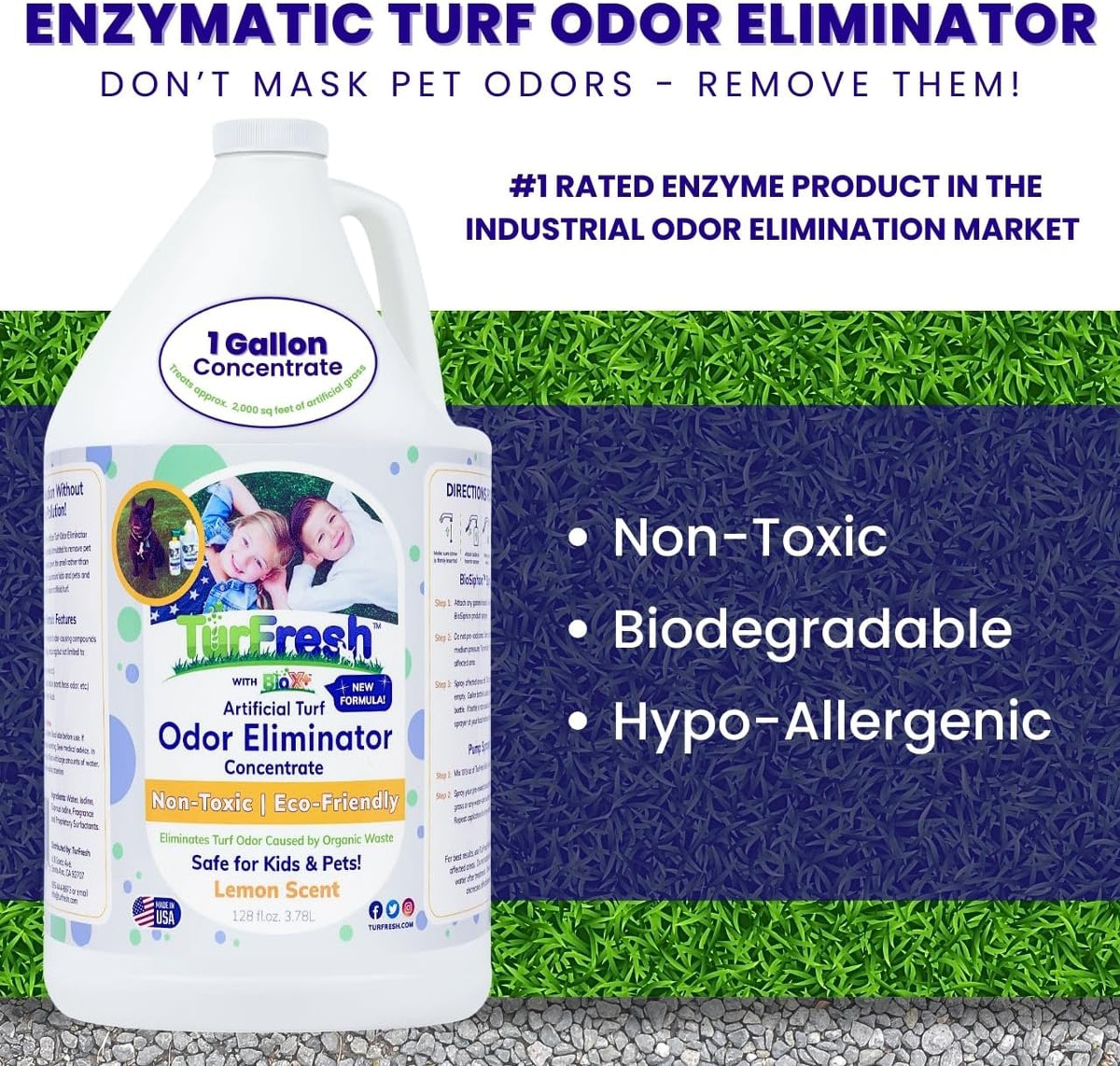 BioX Artificial Turf Odor Eliminator – Yard Deodorizer for Dog Urine & Feces – Natural Concentrate Outdoor Cleaner – Safe for Kids & Pets – 1 Gallon Fresh Cut Grass Scent
