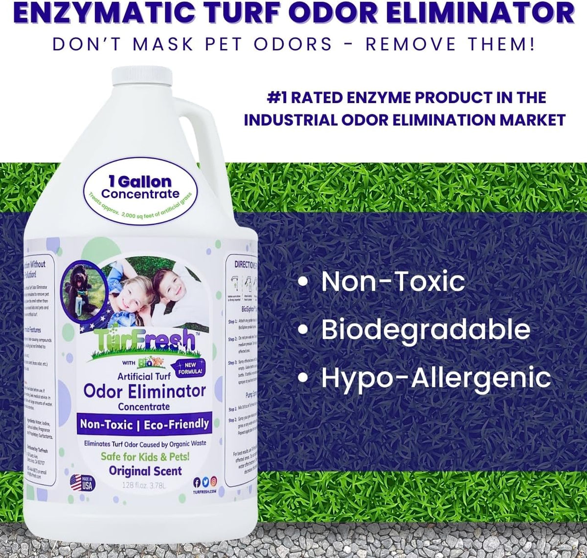 BioX Artificial Turf Odor Eliminator – Yard Deodorizer for Dog Urine & Feces – Natural Concentrate Outdoor Cleaner – Safe for Kids & Pets – 1 Gallon Fresh Cut Grass Scent