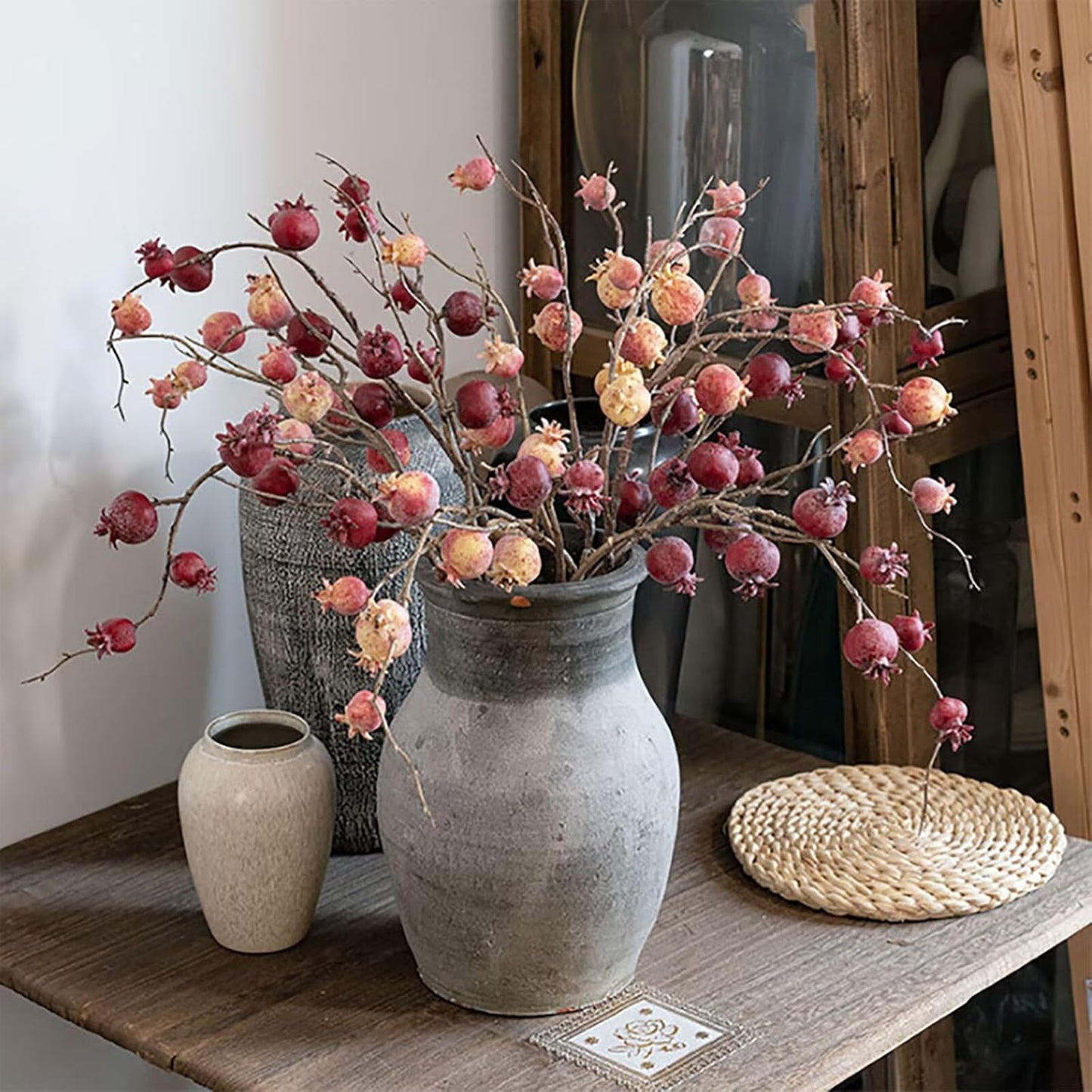 4 Pcs Artificial Pomegranate Branches, 31.9" Fake Mini Fruit Branches Faux Fall Stems Fake Pomegranate Stems Artificial Pomegranate Stems with Leaves for Autumn Farmhouse Thanksgiving Decor