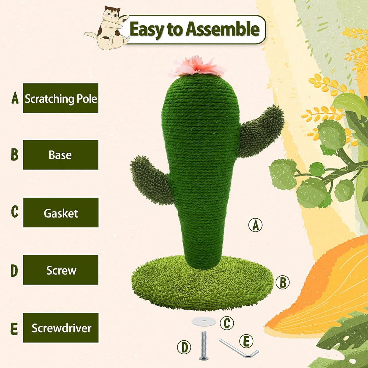 Cat Scratching Post, Cute Cactus Scratching Post, Nature Sisal Cat Scratcher for Indoor Cats and Kittens