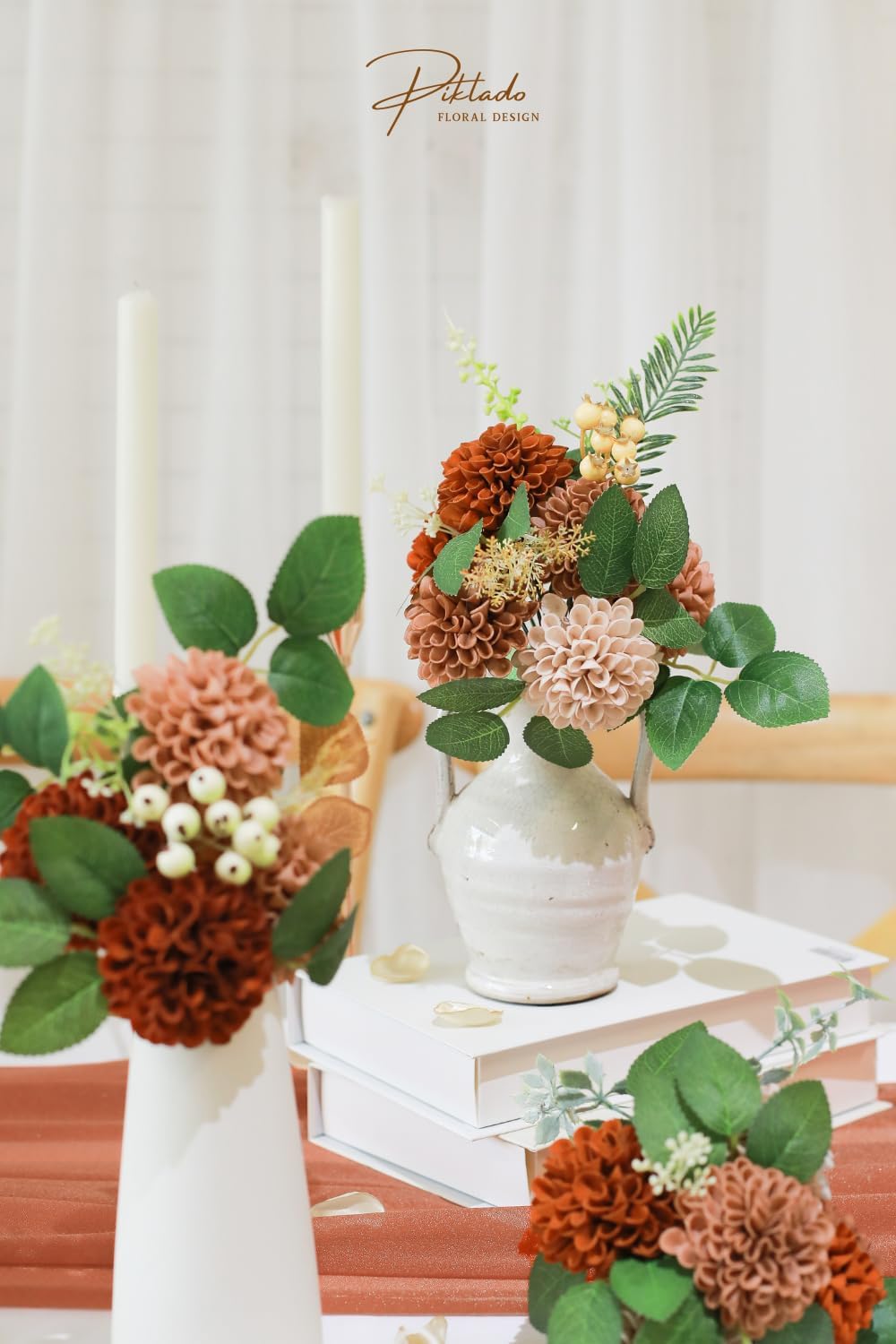 Artificial Wedding Dahlia Flowers 25 pcs Fake Roses with Stem for DIY Wedding Decor Centerpieces Arrangements Bouquets (Shades of Burnt Orange)