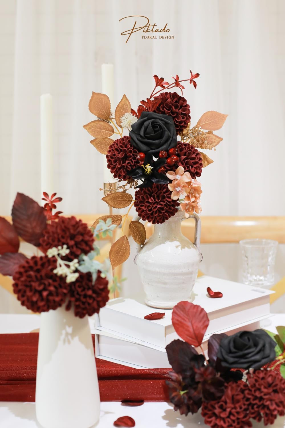 Artificial Wedding Dahlia Flowers 25 pcs Fake Roses with Stem for DIY Wedding Decor Centerpieces Arrangements Bouquets (Shades of Burnt Orange)