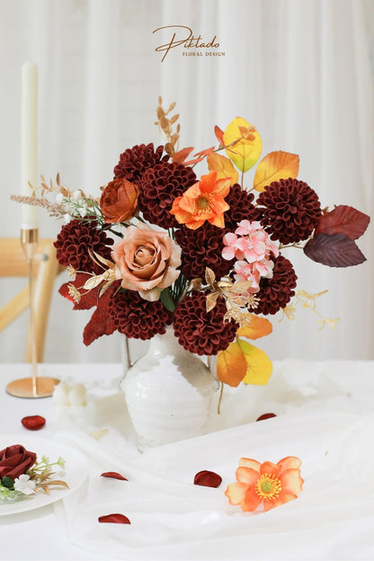 Artificial Wedding Dahlia Flowers 25 pcs Fake Roses with Stem for DIY Wedding Decor Centerpieces Arrangements Bouquets (Shades of Burnt Orange)