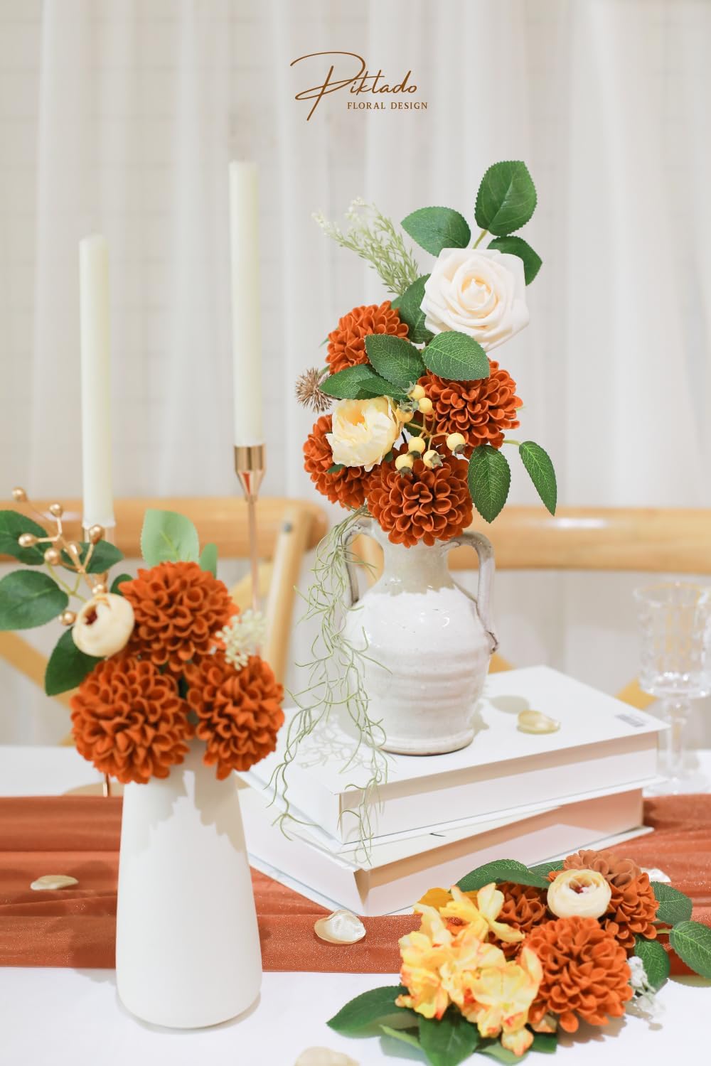 Artificial Wedding Dahlia Flowers 25 pcs Fake Roses with Stem for DIY Wedding Decor Centerpieces Arrangements Bouquets (Shades of Burnt Orange)
