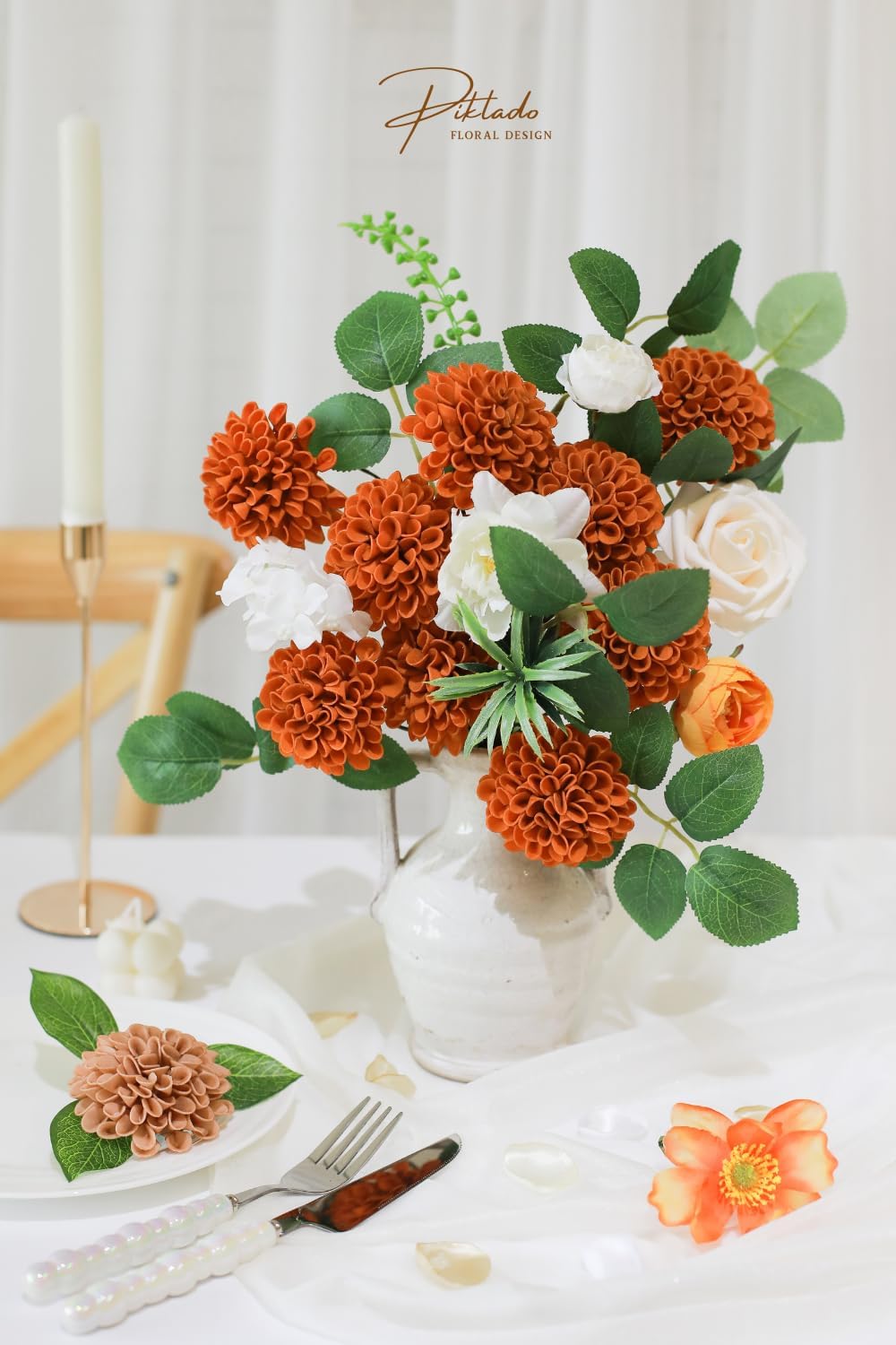 Artificial Wedding Dahlia Flowers 25 pcs Fake Roses with Stem for DIY Wedding Decor Centerpieces Arrangements Bouquets (Shades of Burnt Orange)