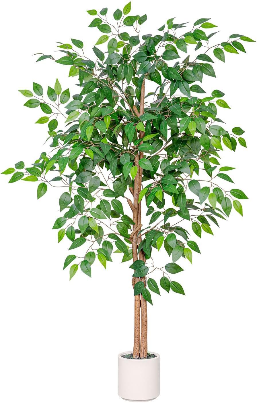 Artificial Ficus Tree 5FT Tall, Faux Ficus Tree Indoor Outdoor, Fake Silk Ficus Plant with Planter, Lifelike Leaves Large Potted Floor Tree for Home Office Living Room Porch Decor