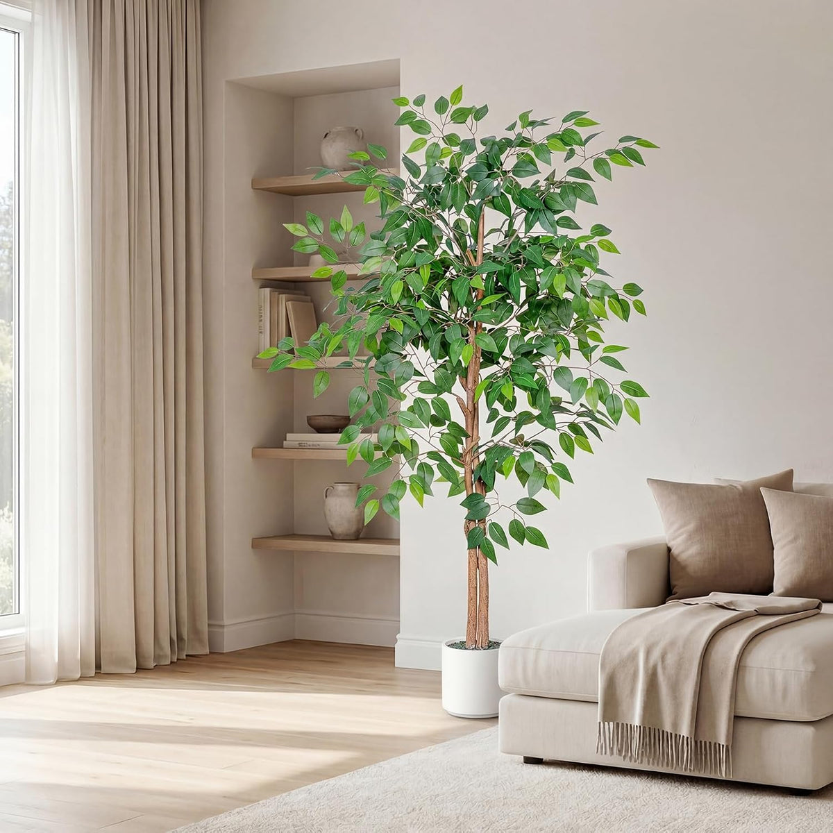 Artificial Ficus Tree 5FT Tall, Faux Ficus Tree Indoor Outdoor, Fake Silk Ficus Plant with Planter, Lifelike Leaves Large Potted Floor Tree for Home Office Living Room Porch Decor
