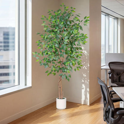 Artificial Ficus Tree 5FT Tall, Faux Ficus Tree Indoor Outdoor, Fake Silk Ficus Plant with Planter, Lifelike Leaves Large Potted Floor Tree for Home Office Living Room Porch Decor