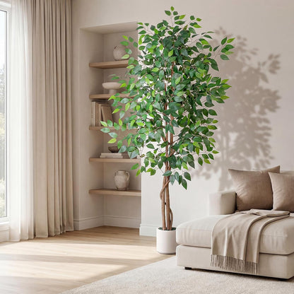 Artificial Ficus Tree 5FT Tall, Faux Ficus Tree Indoor Outdoor, Fake Silk Ficus Plant with Planter, Lifelike Leaves Large Potted Floor Tree for Home Office Living Room Porch Decor