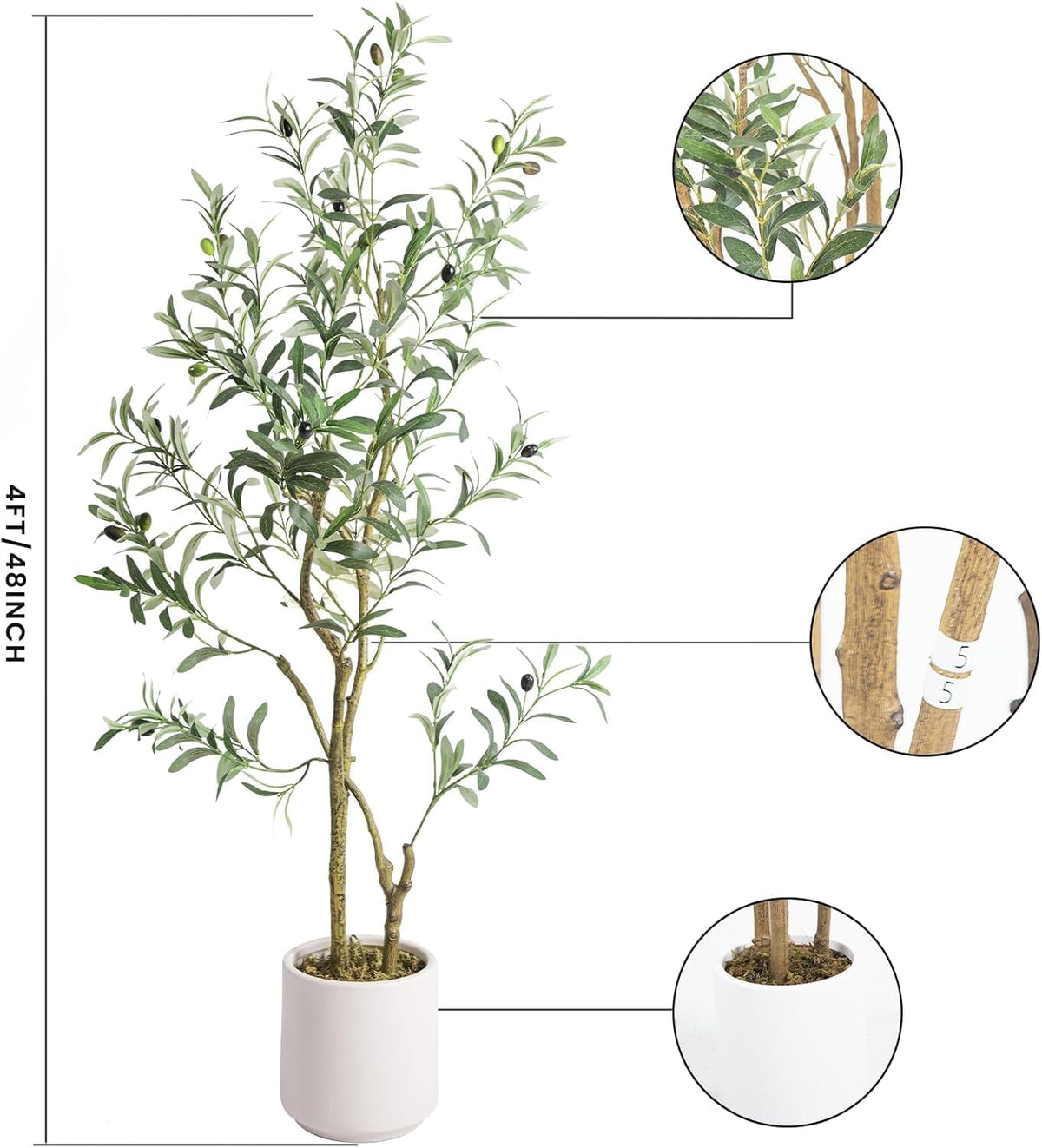 Fake Olive Tree 4FT Tall 1Pack with White Planter for Home Decor