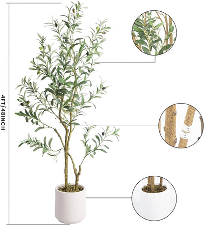 Fake Olive Tree 4FT Tall 1Pack with White Planter for Home Decor