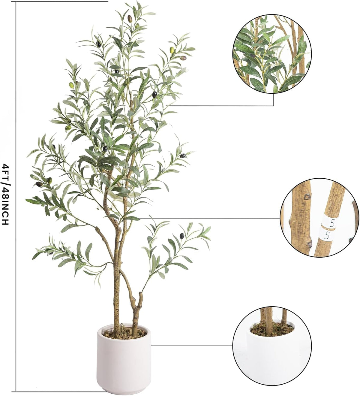 Fake Olive Tree 4FT Tall 1Pack with White Planter for Home Decor