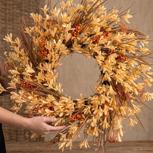 26" Large Fall Wreath for Front Door, Autumn Forsythia Rustic Harvest Decor