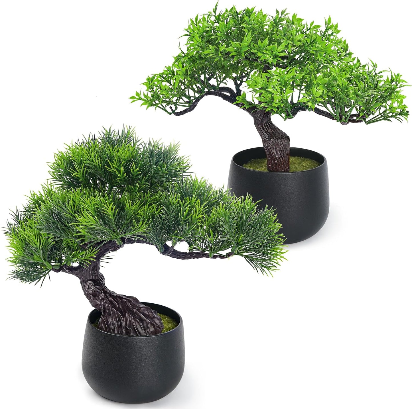 2Pcs Small Fake Plants Artificial Bonsai Tree Set Ficus and Cedar for Office Desk Shelf Room Home Zen Decor Indoor