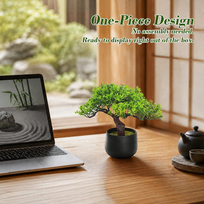 2Pcs Small Fake Plants Artificial Bonsai Tree Set Ficus and Cedar for Office Desk Shelf Room Home Zen Decor Indoor