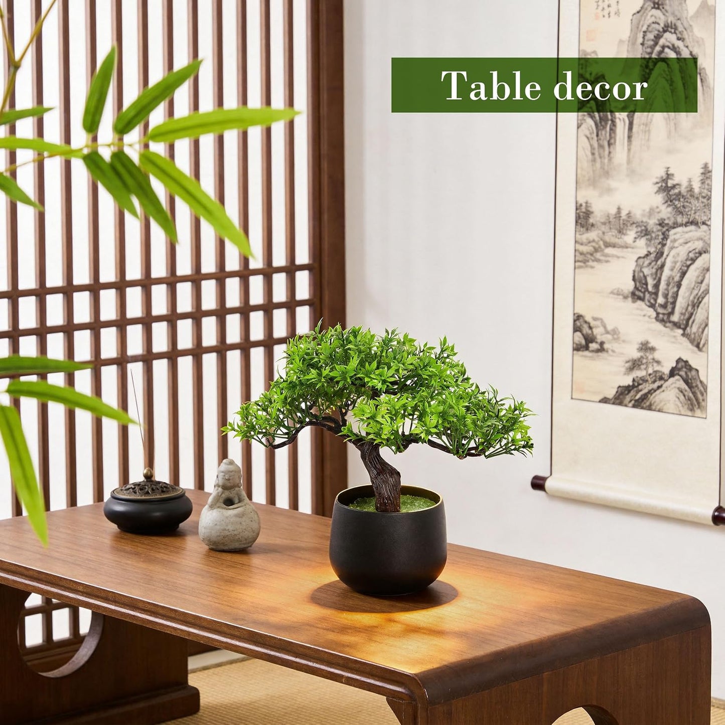 2Pcs Small Fake Plants Artificial Bonsai Tree Set Ficus and Cedar for Office Desk Shelf Room Home Zen Decor Indoor