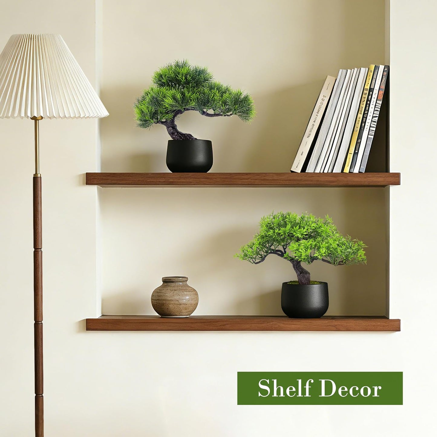 2Pcs Small Fake Plants Artificial Bonsai Tree Set Ficus and Cedar for Office Desk Shelf Room Home Zen Decor Indoor