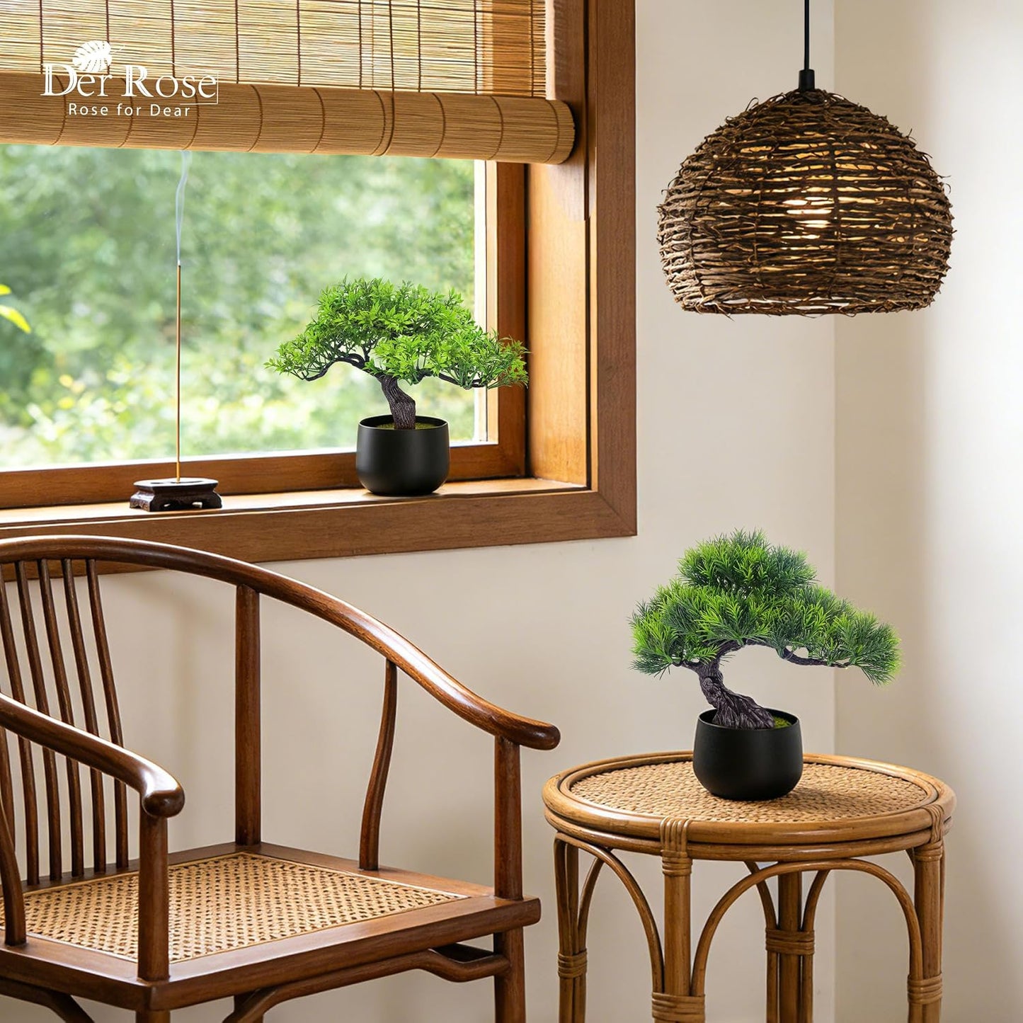 2Pcs Small Fake Plants Artificial Bonsai Tree Set Ficus and Cedar for Office Desk Shelf Room Home Zen Decor Indoor