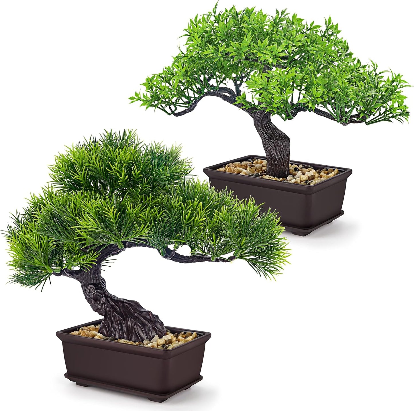 2Pcs Small Fake Plants Artificial Bonsai Tree Set Ficus and Cedar for Office Desk Shelf Room Home Zen Decor Indoor