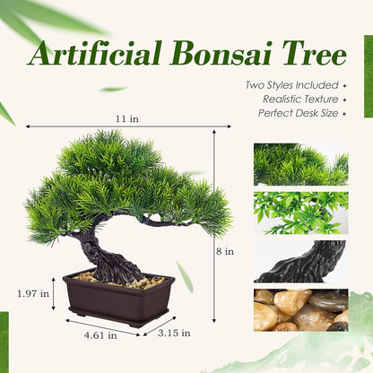 2Pcs Small Fake Plants Artificial Bonsai Tree Set Ficus and Cedar for Office Desk Shelf Room Home Zen Decor Indoor