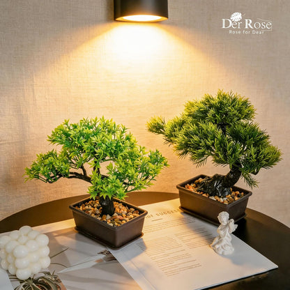 2Pcs Small Fake Plants Artificial Bonsai Tree Set Ficus and Cedar for Office Desk Shelf Room Home Zen Decor Indoor