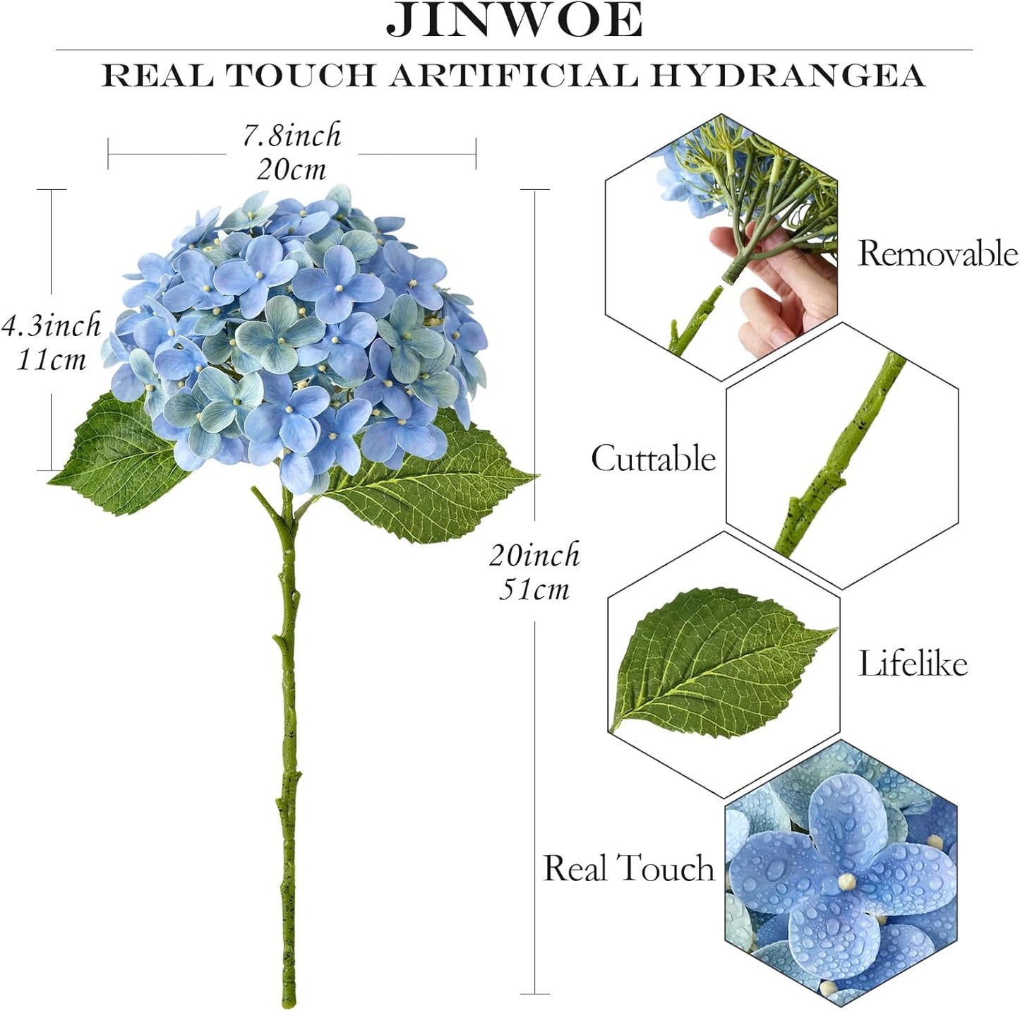 JINWOE Light Blue Hydrangea Artificial Flowers,4Pcs 20" Real Touch Lifelike Silk Artificial Hydrangeas, Full Fake Flowers for Bouquet Table Centerpieces Spring Wedding Indoor Home