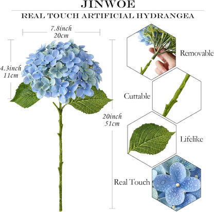 JINWOE Light Blue Hydrangea Artificial Flowers,4Pcs 20" Real Touch Lifelike Silk Artificial Hydrangeas, Full Fake Flowers for Bouquet Table Centerpieces Spring Wedding Indoor Home