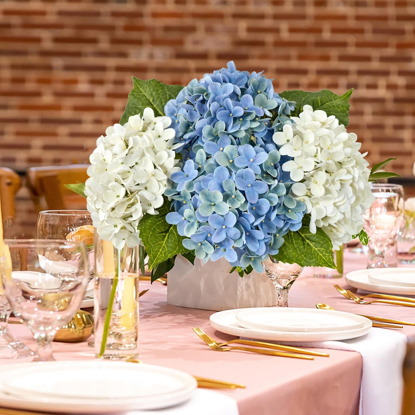 JINWOE Light Blue Hydrangea Artificial Flowers,4Pcs 20" Real Touch Lifelike Silk Artificial Hydrangeas, Full Fake Flowers for Bouquet Table Centerpieces Spring Wedding Indoor Home