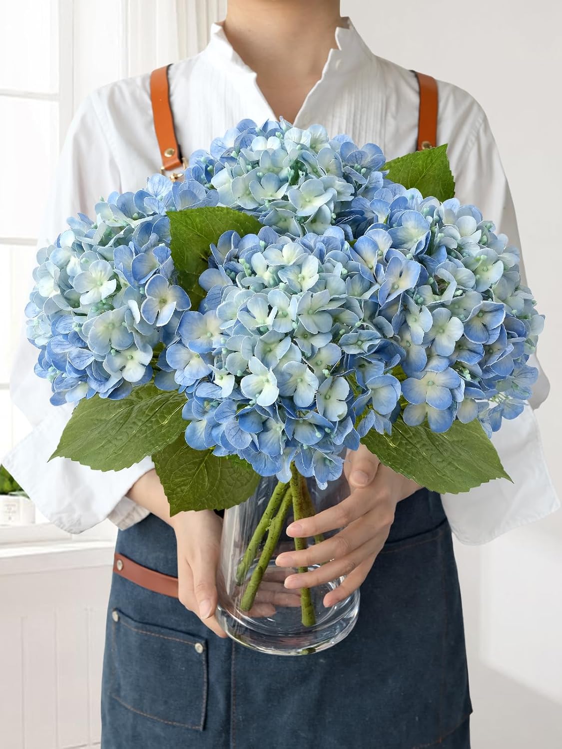 JINWOE Light Blue Hydrangea Artificial Flowers,4Pcs 20" Real Touch Lifelike Silk Artificial Hydrangeas, Full Fake Flowers for Bouquet Table Centerpieces Spring Wedding Indoor Home