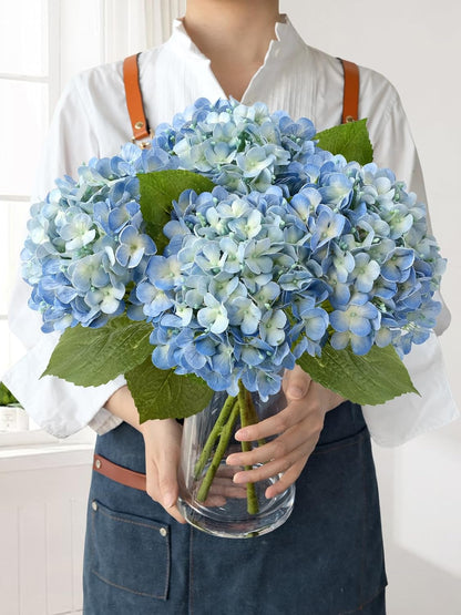 JINWOE Light Blue Hydrangea Artificial Flowers,4Pcs 20" Real Touch Lifelike Silk Artificial Hydrangeas, Full Fake Flowers for Bouquet Table Centerpieces Spring Wedding Indoor Home