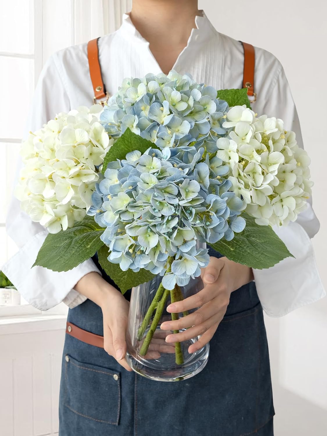 JINWOE Light Blue Hydrangea Artificial Flowers,4Pcs 20" Real Touch Lifelike Silk Artificial Hydrangeas, Full Fake Flowers for Bouquet Table Centerpieces Spring Wedding Indoor Home