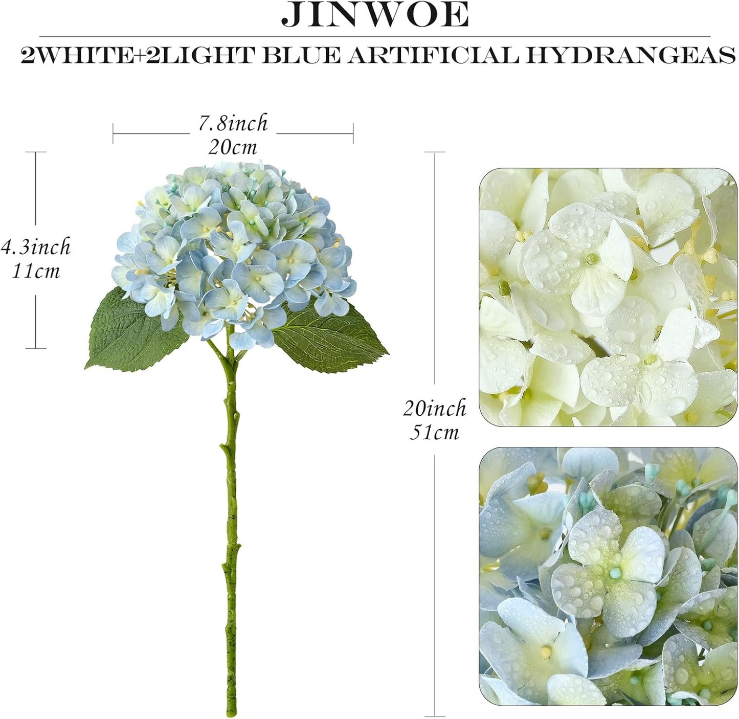 JINWOE Light Blue Hydrangea Artificial Flowers,4Pcs 20" Real Touch Lifelike Silk Artificial Hydrangeas, Full Fake Flowers for Bouquet Table Centerpieces Spring Wedding Indoor Home