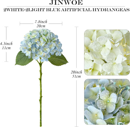 JINWOE Light Blue Hydrangea Artificial Flowers,4Pcs 20" Real Touch Lifelike Silk Artificial Hydrangeas, Full Fake Flowers for Bouquet Table Centerpieces Spring Wedding Indoor Home