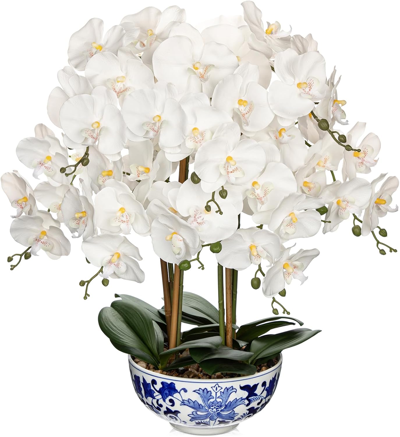 Large Orchid Fake Flower in Blue and White Porcelain Bowl 24.8" White Orchid Silk Floral Arrangement Faux Phalaenopsis Flower for Home Office Room Kitchen Table Centerpiece Decor