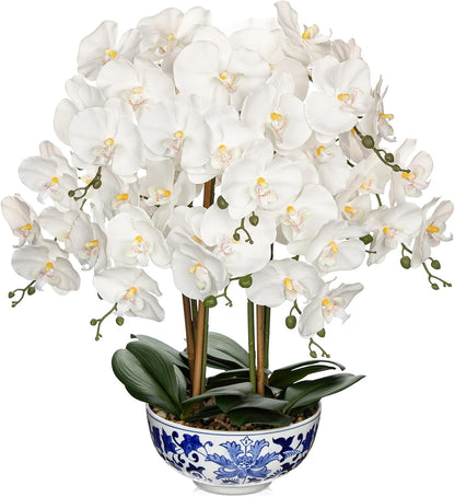 Large Orchid Fake Flower in Blue and White Porcelain Bowl 24.8" White Orchid Silk Floral Arrangement Faux Phalaenopsis Flower for Home Office Room Kitchen Table Centerpiece Decor
