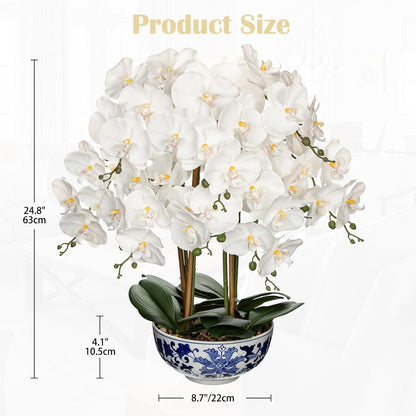Large Orchid Fake Flower in Blue and White Porcelain Bowl 24.8" White Orchid Silk Floral Arrangement Faux Phalaenopsis Flower for Home Office Room Kitchen Table Centerpiece Decor