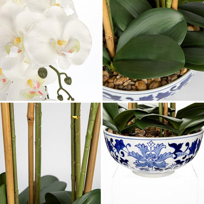 Large Orchid Fake Flower in Blue and White Porcelain Bowl 24.8" White Orchid Silk Floral Arrangement Faux Phalaenopsis Flower for Home Office Room Kitchen Table Centerpiece Decor