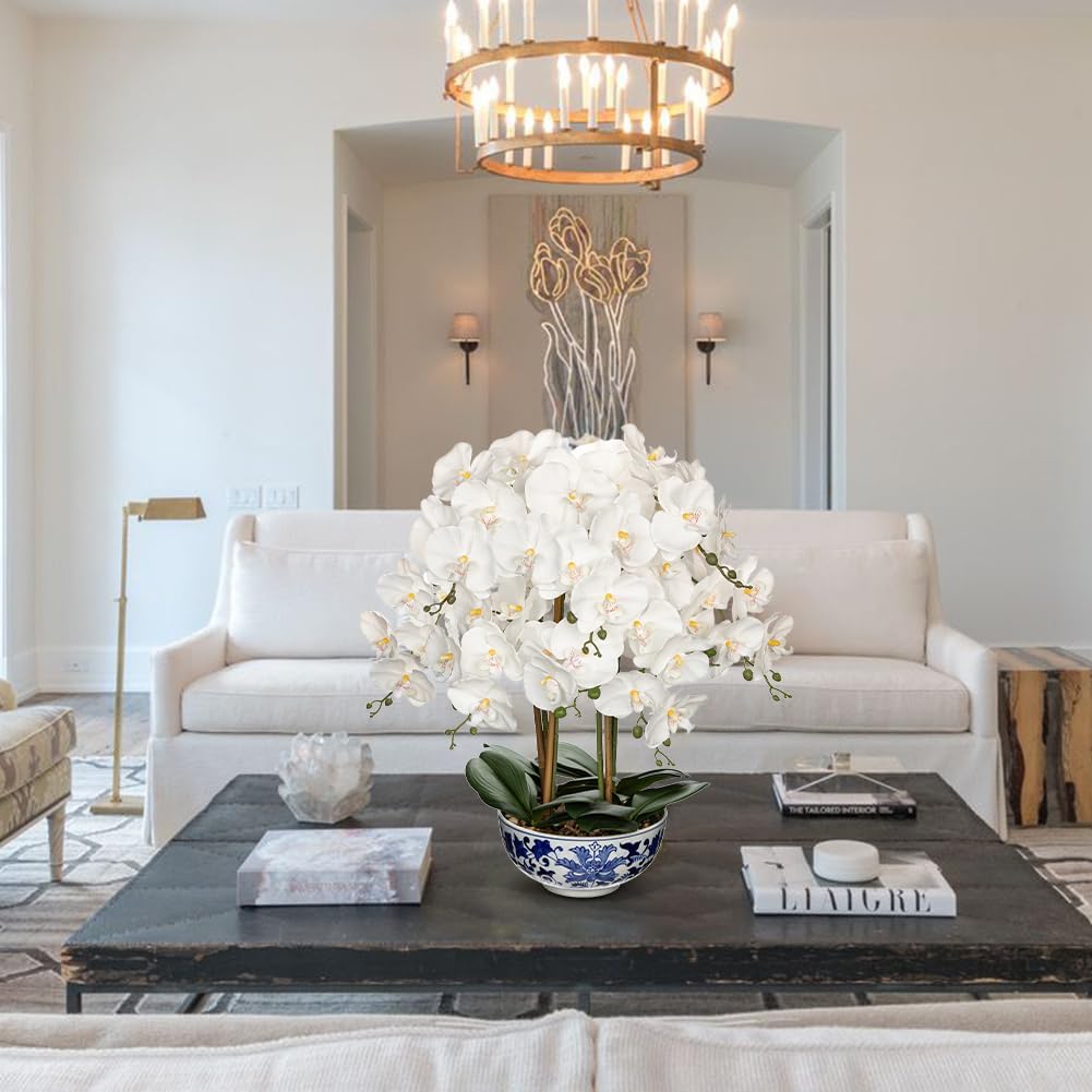 Large Orchid Fake Flower in Blue and White Porcelain Bowl 24.8" White Orchid Silk Floral Arrangement Faux Phalaenopsis Flower for Home Office Room Kitchen Table Centerpiece Decor