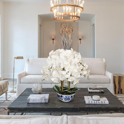 Large Orchid Fake Flower in Blue and White Porcelain Bowl 24.8" White Orchid Silk Floral Arrangement Faux Phalaenopsis Flower for Home Office Room Kitchen Table Centerpiece Decor