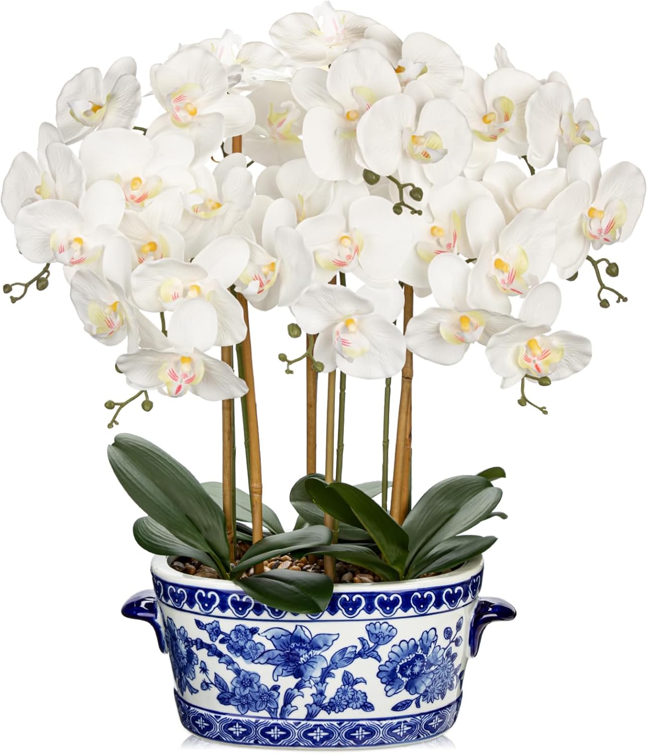 Large Orchid Fake Flower in Blue and White Porcelain Bowl 24.8" White Orchid Silk Floral Arrangement Faux Phalaenopsis Flower for Home Office Room Kitchen Table Centerpiece Decor