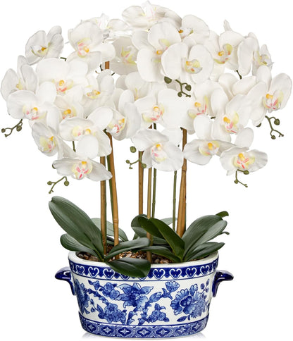 Large Orchid Fake Flower in Blue and White Porcelain Bowl 24.8" White Orchid Silk Floral Arrangement Faux Phalaenopsis Flower for Home Office Room Kitchen Table Centerpiece Decor