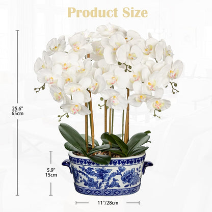 Large Orchid Fake Flower in Blue and White Porcelain Bowl 24.8" White Orchid Silk Floral Arrangement Faux Phalaenopsis Flower for Home Office Room Kitchen Table Centerpiece Decor