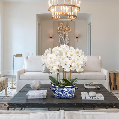 Large Orchid Fake Flower in Blue and White Porcelain Bowl 24.8" White Orchid Silk Floral Arrangement Faux Phalaenopsis Flower for Home Office Room Kitchen Table Centerpiece Decor