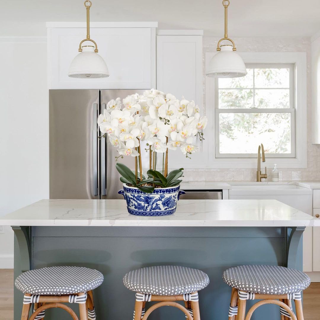 Large Orchid Fake Flower in Blue and White Porcelain Bowl 24.8" White Orchid Silk Floral Arrangement Faux Phalaenopsis Flower for Home Office Room Kitchen Table Centerpiece Decor