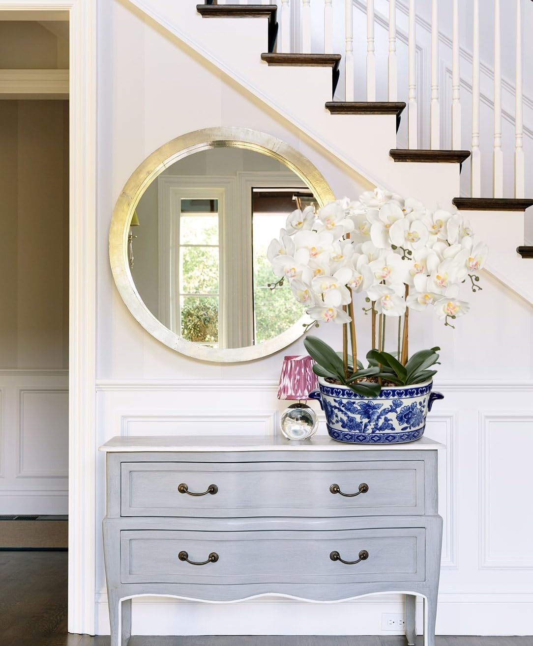 Large Orchid Fake Flower in Blue and White Porcelain Bowl 24.8" White Orchid Silk Floral Arrangement Faux Phalaenopsis Flower for Home Office Room Kitchen Table Centerpiece Decor