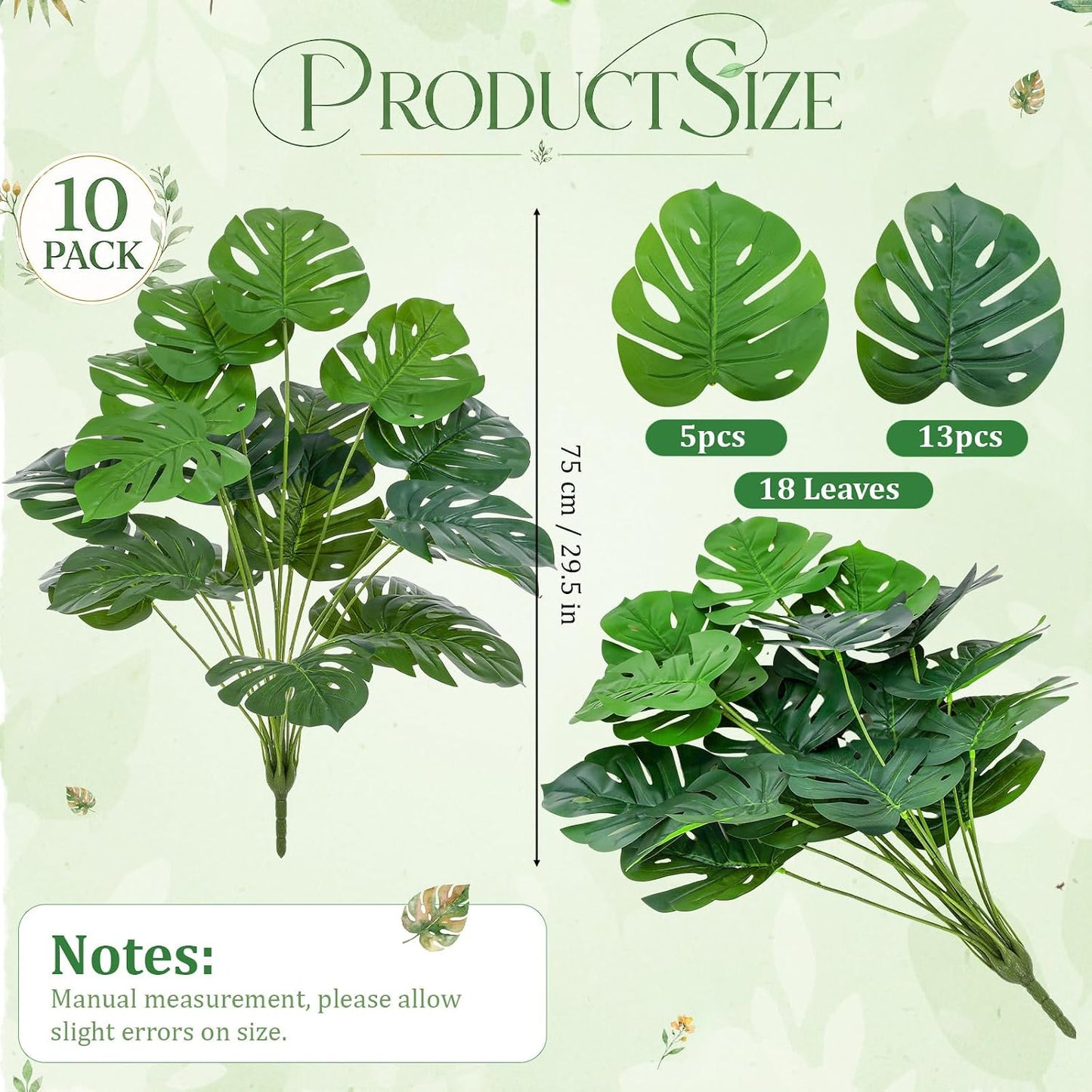 10 Pack Artificial Monstera Plants Outdoor, 29.5 Inch Large Faux Tropical Leaves UV Resistant Greenery Stems Bushes for Indoor Home Office Luau Wedding Party Decor